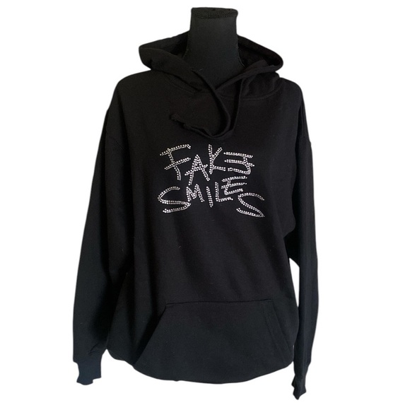 YOURS TRULY “FAKE SMILES” PHORA Fleece Hoodie Medium Black Silver Rhinestones - Picture 4 of 10